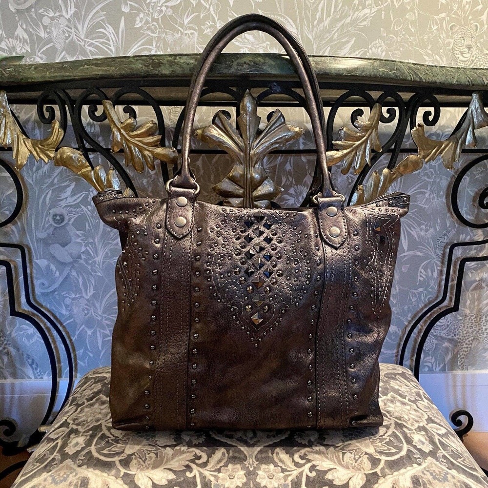 EUC FRYE Phoenix Deco Studded Tote Double Handle Metallic Pewter Gray GORGEOUS